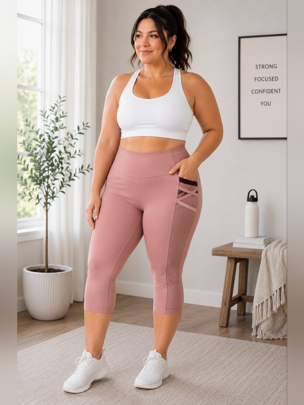 💗 Fabletics Blush Pink Mesh Pocket Capri Leggings XL Athletic Yoga Pants